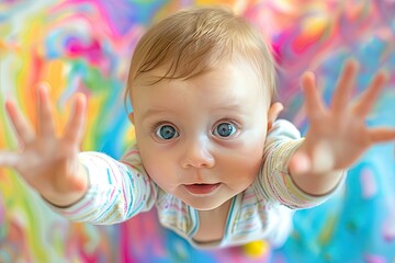 Wall Mural - Portrait. The face of a small child with his hands raised in the air on a colored background. View from above. A curious kid looks up.  Close-up.