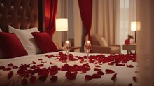 3d rendering luxury bedroom with red rose petals on the wall. generative ai