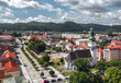 Aerial cityscape view of Zvolen, Slovakia on a sunny summer day: Námestie SNP square and Saint Elizabeth Church (Kostol sv. Alžbety)