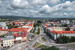 Aerial skyline view of Námestie SNP square in Zvolen, Slovakia on a sunny summer day