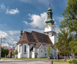 Cityscape of Zvolen, Slovakia on a sunny summer day: Saint Elizabeth Church (Kostol sv. Alžbety) at Námestie SNP square