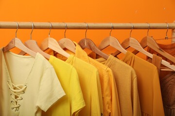 Rack with different stylish women's clothes near orange wall