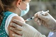 The doctor's hands vaccinate the child. Close-up.. doctor with syringe