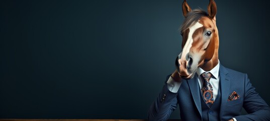Poster - Anthropomorphic horse in business attire working in corporate setting, studio shot with copy space