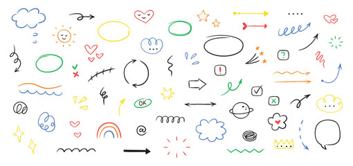 Wall Mural - Hand drawn line simple elements, cloud, speech bubbles, underline, emphasis, star, arrow, hearts element. Doodle vector illustration.