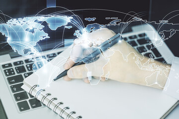 Poster - Abstract graphic digital world map with connections and hand writing in diary on background with laptop, globalization concept. Multiexposure