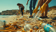 volunteers cleans up garbage on the sand beach