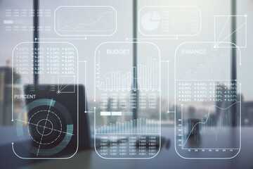 Poster - Multi exposure of abstract graphic data spreadsheet sketch and modern desktop with pc on background, analytics and analysis concept