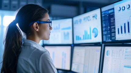 A female data analyst analyzing data on multiple screen