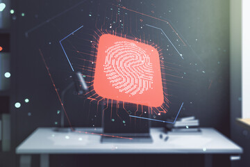 Aufkleber - Abstract creative fingerprint illustration and modern desktop with pc on background, personal biometric data concept. Multiexposure