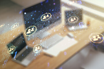 Poster - Double exposure of social network icons concept with world map and modern desk with computer on background. Networking concept