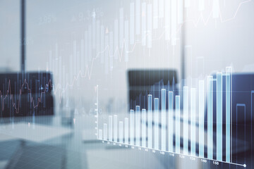 Poster - Abstract creative financial graph and modern desktop with pc on background, financial and trading concept. Multiexposure