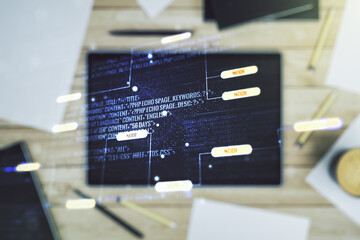 Aufkleber - Multi exposure of abstract software development hologram and digital tablet on background, top view, research and analytics concept