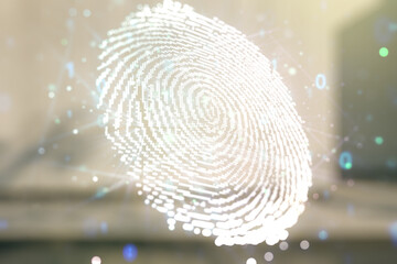 Aufkleber - Abstract virtual fingerprint illustration on blurry contemporary office building background, personal biometric data concept. Multiexposure