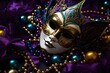 Carnival gold mask with rich decorations, colorful feathers, beads. Carnival outfits, masks and decorations.