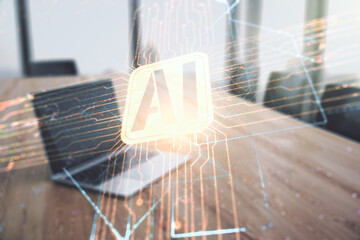 Poster - Double exposure of creative artificial Intelligence icon with modern laptop on background. Neural networks and machine learning concept