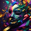Carnival mask around colorful rainbow streamer. Carnival outfits, masks and decorations.