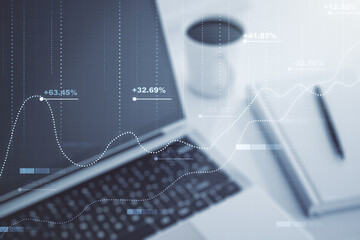 Poster - Abstract creative analytics data spreadsheet on modern computer background, analytics and analysis concept. Multiexposure
