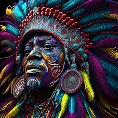 Painted colorfully rainbow decorated with feathers face of Indian chief, carnival costume. Carnival outfits, masks and decorations.