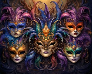 Wall Mural - Colorful carnival masks with big feathers. Carnival outfits, masks and decorations.