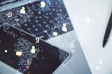 Aufkleber - Double exposure of social network icons concept with world map and modern laptop on background. Marketing and promotion concept