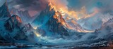 Fototapeta Do pokoju - A stunning natural landscape painting featuring a snowy mountain range, a river in the foreground, and fluffy cumulus clouds in the sky