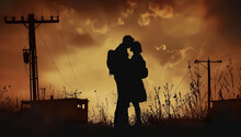 Romantic Couple Of Man And Woman Kissing And Hugging At Sunset Illustration, Romance Silhouette