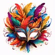 Carnival eye mask with colorful feathers, white isolated background. Carnival outfits, masks and decorations.
