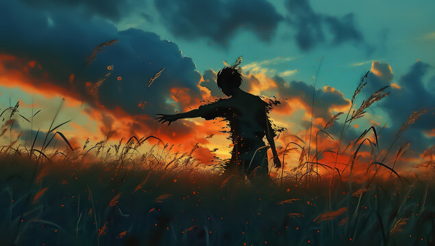 silhouette of happy man in field at sunset, person at nature, dramatic sky