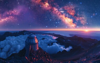 Wall Mural - Astronomical observatory at night and and milky way. Observatory astronomical looking for signal from space.