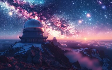 Wall Mural - Astronomical observatory at night and and milky way. Observatory astronomical looking for signal from space.