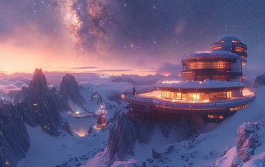Wall Mural - Astronomical observatory at night and and milky way. Observatory astronomical looking for signal from space.