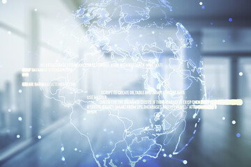 Aufkleber - Multi exposure of abstract creative coding sketch and world map on empty corporate office background, artificial intelligence and neural networks concept