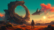 Astronaut Discovers Derelict Spaceship on Red Planet , Lone Astronaut on Crimson Sky Planet with Derelict Spaceship, Sci-fi fantasy scenery, digital painting illustration
