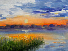 Illustration With River, Reeds And Sunset. Oil Painting With Nature Scene. Last Light On The Waves