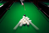 Fototapeta Sypialnia - Strong hit by a player with a billiard cue on the ball