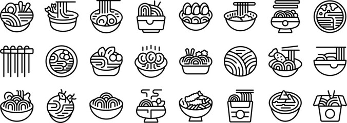 Poster - Udon noodles icons set outline vector. Meal food kitchen. Cooking ramen