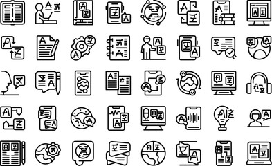 Poster - Language translation services icons set outline vector. Talk interpreter. Education computer