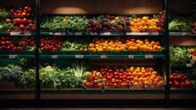 Various Vegetables And Fruits On A Shelf In A Supermarket