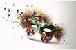Colorful carnival eye mask on bright background. Splashes of color, confetti. Carnival outfits, masks and decorations.