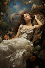 beautiful caucasian woman sleeping calm in armchair of flowers dreaming, healthy rest concept, Generative AI