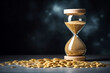 An hourglass on a dark background with golden coins, symbolizing the concept of time and money.