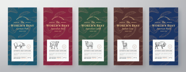 Wall Mural - Premium Quality Meat and Poultry Labels Set. Abstract Vector Packaging Design or Cards. Modern Typography and Hand Drawn Domestic Animals Silhouette Background Layouts. Soft Realistic Shadows.