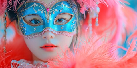 Wall Mural - Face of a woman in an eye mask blue with gold ornaments, big long pink and blue feathers. Carnival outfits, masks and decorations.