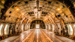 Inside view of an empty cargo plane's interior showing the spacious metallic fuselage of a military transport aircraft.