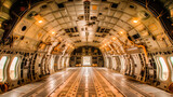 Fototapeta  - Inside view of an empty cargo plane's interior showing the spacious metallic fuselage of a military transport aircraft.