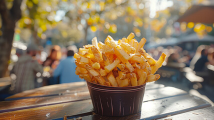 Wall Mural - French fries on a table in the park.