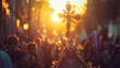 a religious procession,a cross, holy week	
