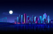 Futuristic night cityscape. Cityscape on a dark background with full moon, bright and glowing neon purple and blue lights