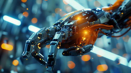 Poster - modern AI robotic arm working, advanced and futuristic artificial intelligence robots in industry
